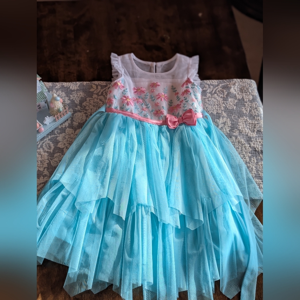 Jona Michelle Floral Embroidered Dress with Blue Tulle Skirt/ 4T